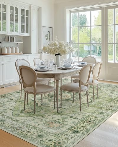 Amada Large 8x10 Washable Area Rug for Living Room, Green, Vintage Style