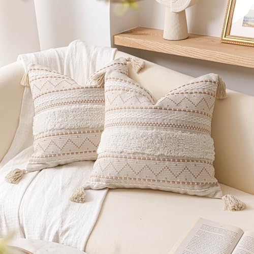 BlissBlush Decorative Throw Pillow Covers 20x20 Combo Set of 2 Square Cream N...