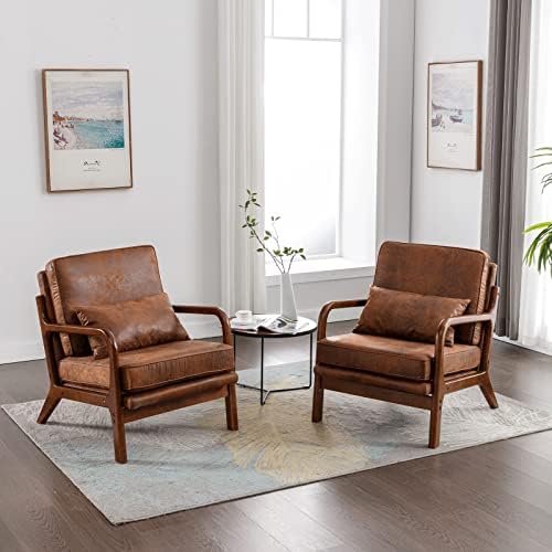 Mid Century Modern Accent Chair Set of 2 Living Room- Comfy Solid Wood Arm Ch...
