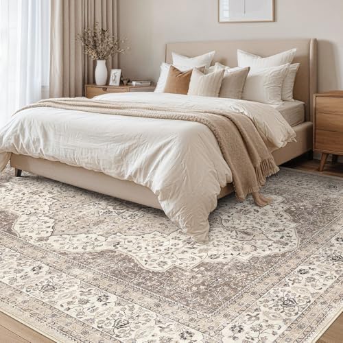 Vintage 9x12 Washable Area Rugs for Living Room, Non Slip, Brown