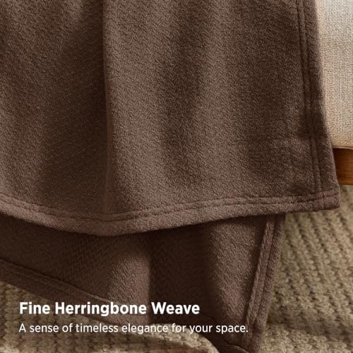 Bedsure 100% Cotton Blanket, Herringbone Weave, Queen Size, Brown