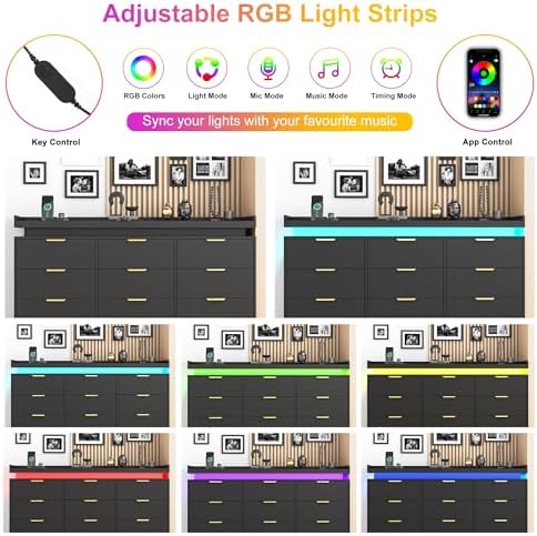 9 Drawer Dresser for Bedroom, Black Dresser with LED Lights and Power Outlet,...