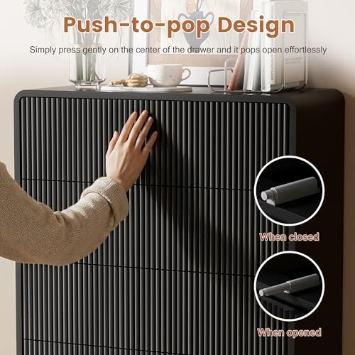 Furniway Black 5 Drawer Dresser for Bedroom, Curved Tall Dresser with Push-to...