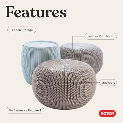 Keter Urban Knit Pouf Ottoman Set of 2 with Storage Table for Patio and Room ...