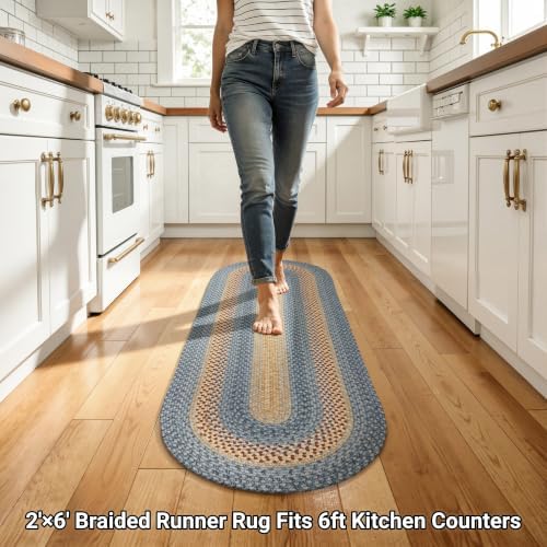 RCTJHOME 2x6 Oval Braided Runner Natural Rust Blue Farmhouse Kitchen Rug