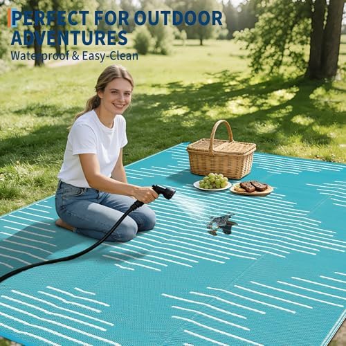 Garvee Waterproof Outdoor Rug 9x12 Plastic Reversible Rug Light Blue White