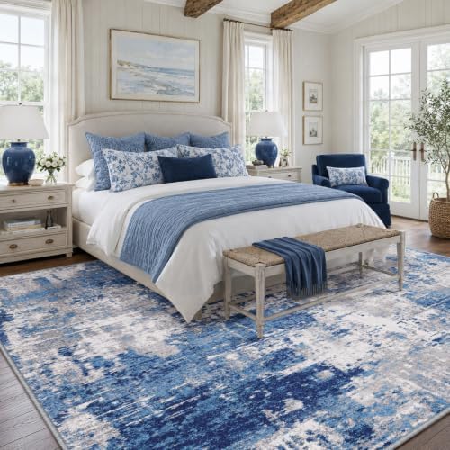 RELEANY Washable 8'x10' Abstract Area Rug for Living Room Blue Gray