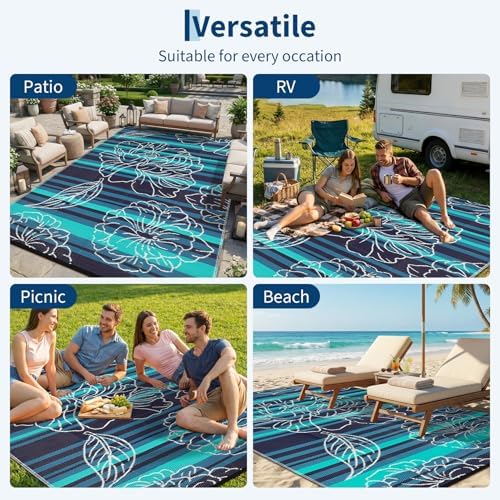 Garvee 5x8 Outdoor Waterproof Rug Reversible Straw Patio Rug Black&Blue