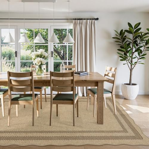LIVEBOX Scalloped Washable 5x7 Outdoor Rug, Easy Jute Tan Rugs for Living Roo...