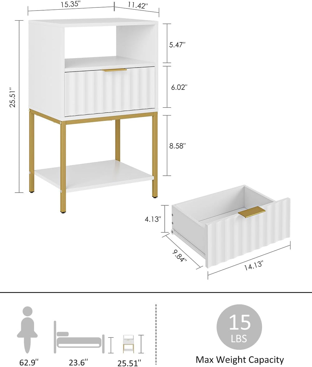 Nightstand,Modern Bedside Table with One Drawer and Two Shelf,White Night Sta...