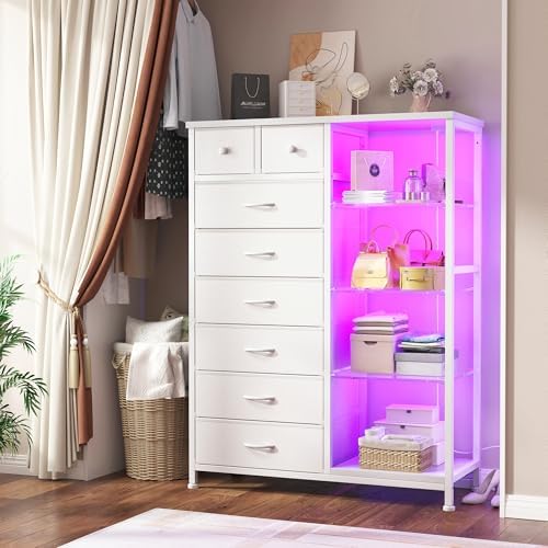 EnHomee White Dresser with LED Lights & Power Outlets, 8 Drawers, 54" H
