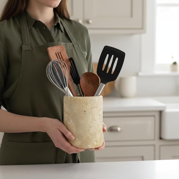 Marble Utensil Holder 6.5 Inch Travertine Utensil Caddy, Wooden Cooking