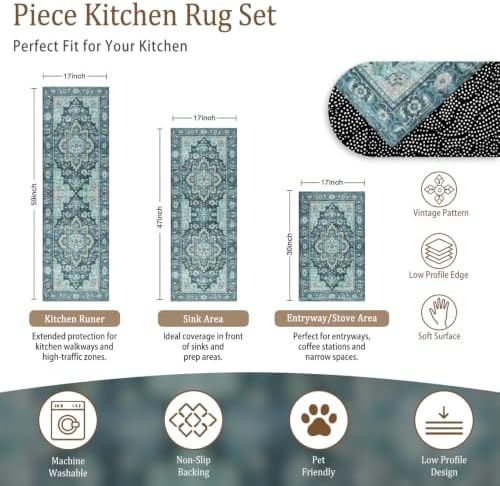 3-Piece Vintage Persian Rug Set - Washable Teal and Blue Area Rugs, Non-Slip ...