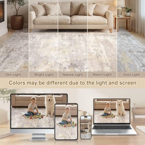 cotiled 8x10 Area Rugs Living Room: Washable Abstract Rug Gold Grey Brown