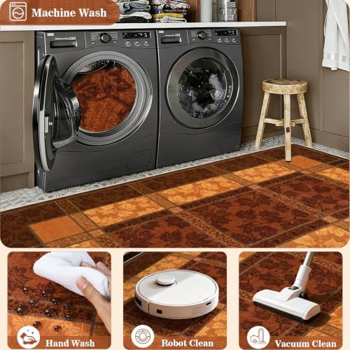 Fall Area Rug 3x5 for Entryway, Plaid Washable Rugs Orange