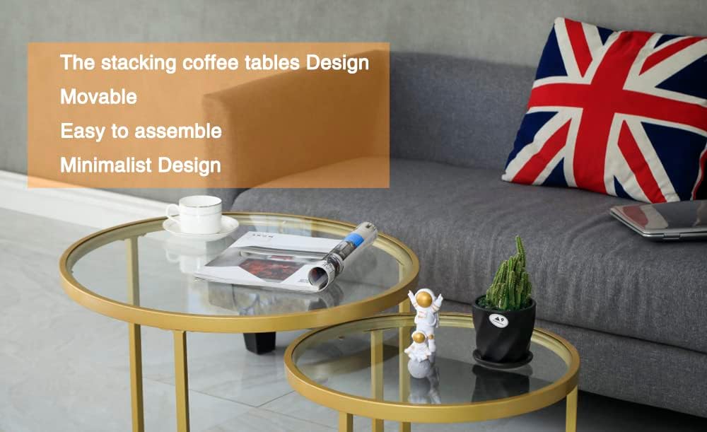 Round Nesting Coffee Table Gold Set of 2 for Living Room, Modern Side Tables ...