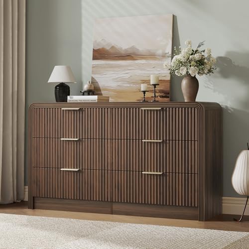 Decofy 55" W Fluted 6-Drawer Dresser for Bedroom, Walnut