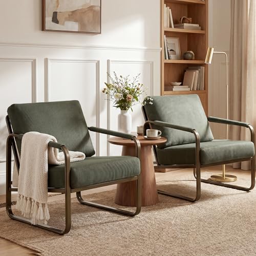 PrimeZone Mid Century Modern Accent Chair Set of 2 - Fabric Armchair, Green