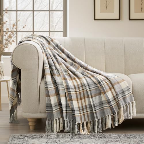 EverGrace Plaid Chenille Knit Throw Blanket, 50"x60", Grey & Beige