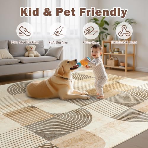 5x7 Washable Area Rugs for Living Room, Non Slip Boho Modern Rug