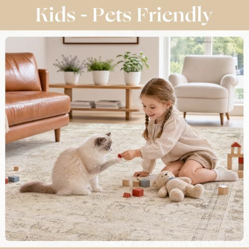 8x10 Beige Neutral Vintage Distressed Traditional Area Rug