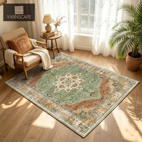 YARNSCAPE 5' x 7' Machine Washable Area Rug, Non-Slip Low-Pile Carpet