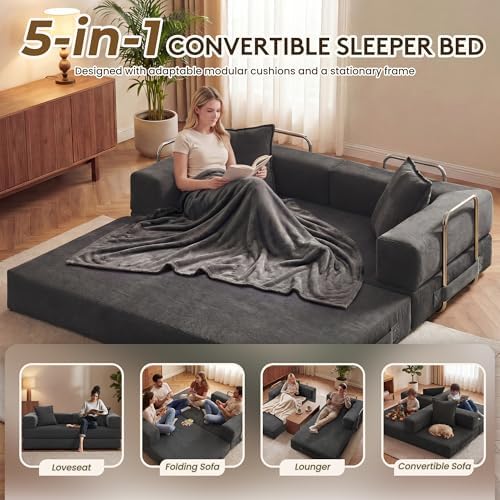 GRUSIGN 78" 5-in-1 Convertible Futon Sofa Bed, Boneless Corduroy, Gray