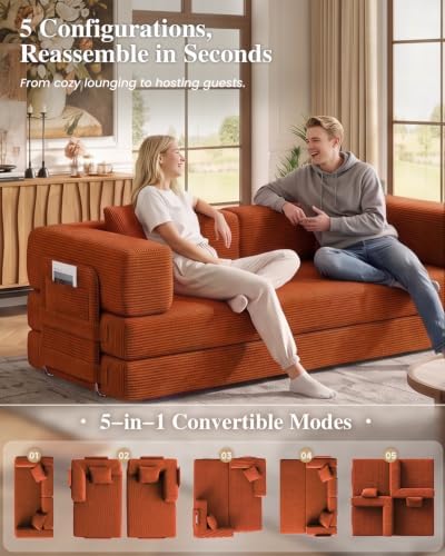 79.5" 5-in-1 Convertible Futon Sofa Bed, Boneless Corduroy, Orange