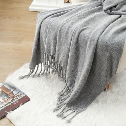 BATTILO HOME Light Gray Chenille Throw Blanket for Couch, Soft Cozy Textured ...