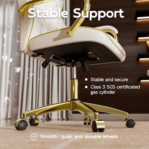 HomeZeer White and Gold Office Chair, Luxury Leather Executive Desk Chair