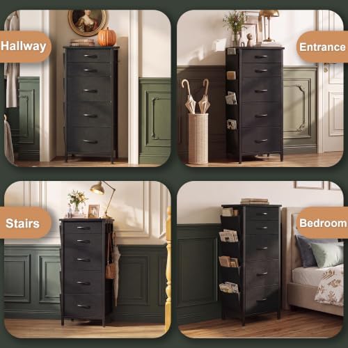 HCHQHS 5-Drawer Dresser for Bedroom, Nightstand, Black Fabric