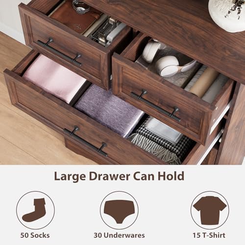 YANSNWO Walnut 6 Drawer Dresser for Bedroom, 44" Tall Chest of Drawers