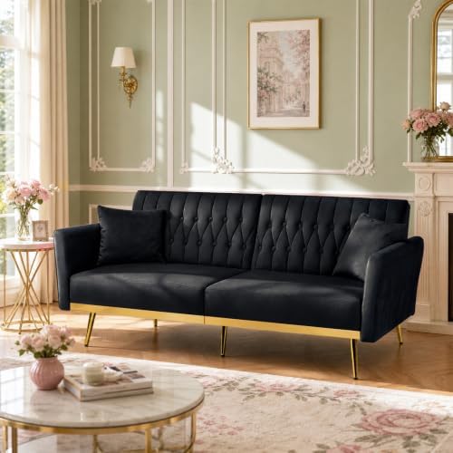 70” Velvet Futon Sofa Bed w/Adjustable Armrests, Black