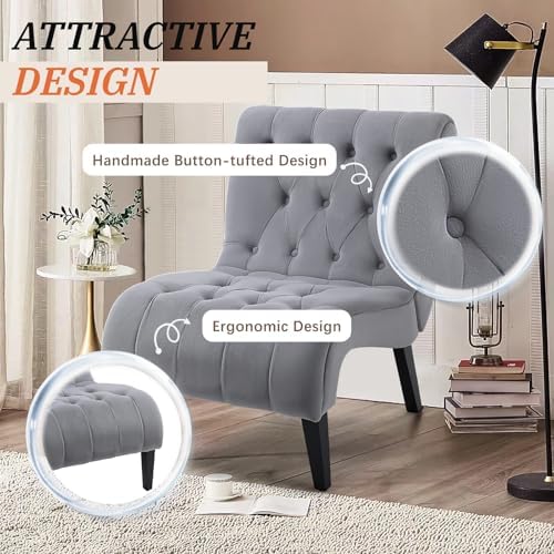 AVAWING Armless Tufted Velvet Accent Chair with Wood Legs, Grey