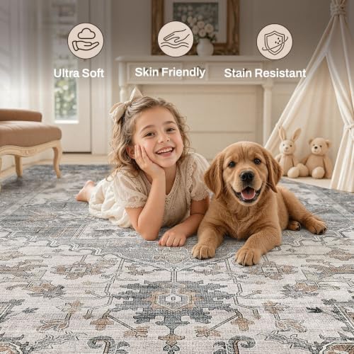 Washable Area Rugs 9x12: Neutral Gray Brown Rugs for Living Room