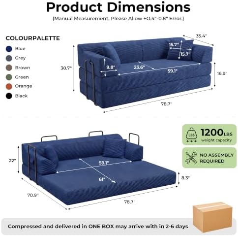 79'' Futon Sofa Bed, High‑Back Boneless Couches for Living Room