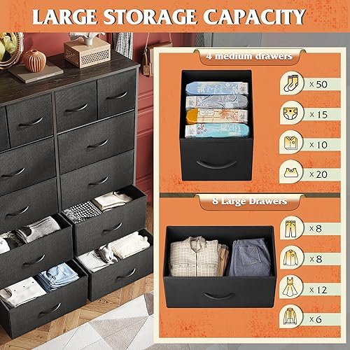 WLIVE 12 Drawer Tall Black Fabric Dresser Bedroom Storage Chest