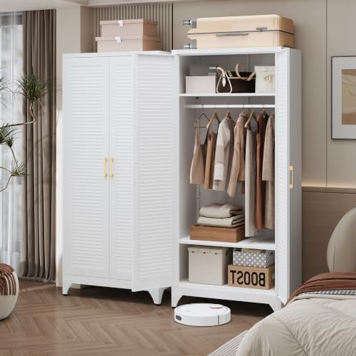 Steeloong 71"Armoire Wardrobe Close,White Wardrobe Cabinet with Hanging Rod