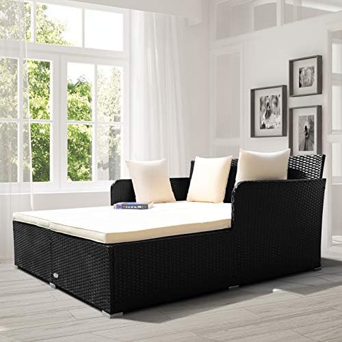 COSTWAY Outdoor Patio Rattan Daybed, Sponge Cushioned Loveseat Sofa