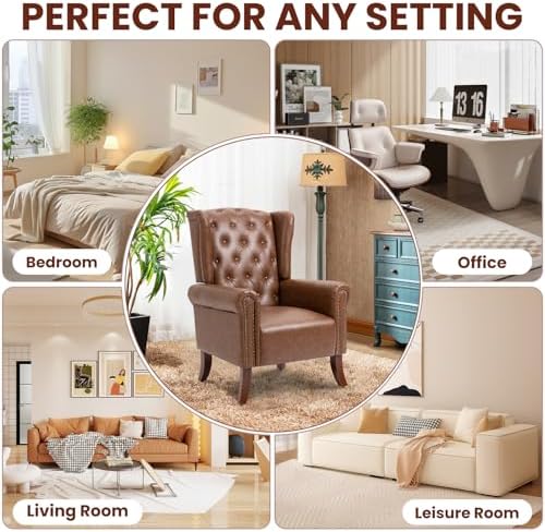Faux Leather Accent Chair, Mid-Century Armchair Upholstered Club Sofa Chair w...