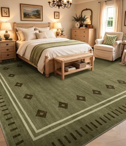 YIHOUSE Green Diamond Bordered Rugs for Living Room 8x10, Non-Slip Washable F...