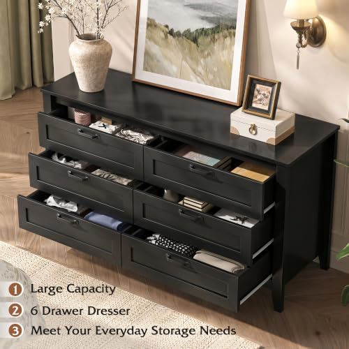 WLIVE Black Dresser 6 Drawers for Bedroom, Wood Dresser TV Stand for 55" TV