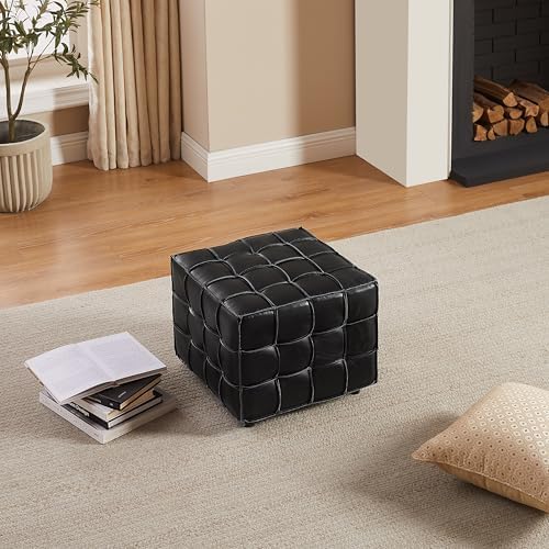 Art Leon Tufted Square Ottoman Leather Footstool Modern Foot Rest Black