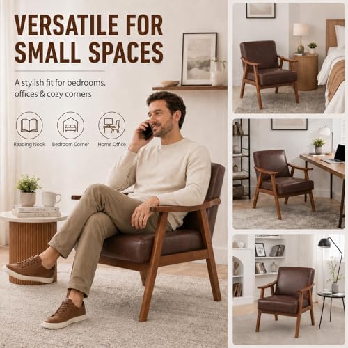 Anwick Mid-Century Modern Accent Chair,PU Leather Living Room Chair with Soli...