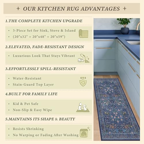 JTJ Kitchen Rugs Set of 3, Blue Vintage Kitchen Mats, Washable Runner