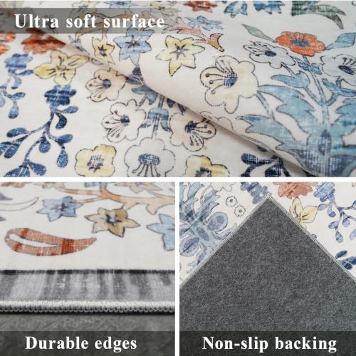 Vintage 8x8 Square Area Rug: Washable Boho Rug Soft Low-Pile Carpet Beige