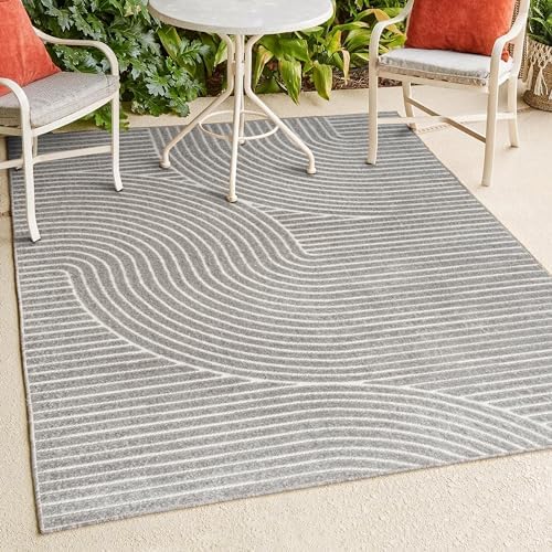 JONATHAN Y Hallie High-Low Curve Gray/Ivory Indoor/Outdoor Area Rug, 6x9, Min...