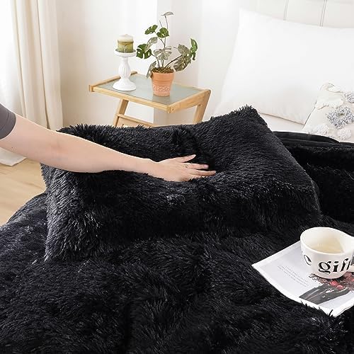 Smoofy Fluffy Queen Comforter Set, Black Faux Fur Comforter Set 3 Pieces