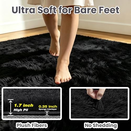 8x10 Fluffy Area Rug for Living Room: Soft Non-Slip Black Bedroom Carpet
