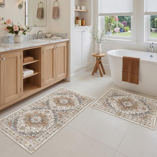 Madane 2-Piece Area Rugs Set, Small Kitchen Runner Non-Slip, Turmeric/Grey